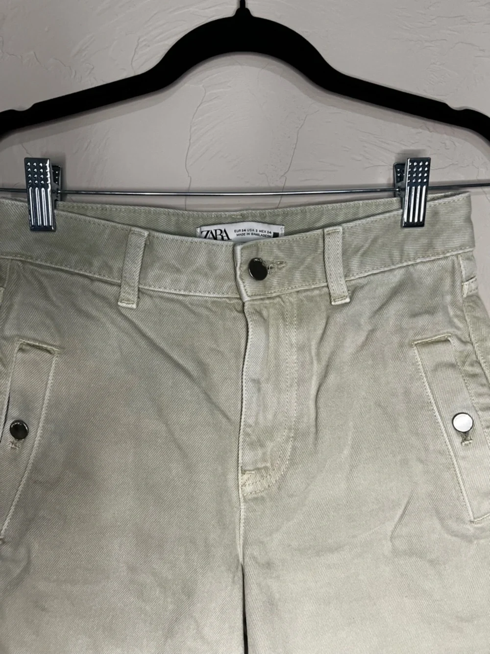 Zara‎ Ultra High-Rise Light Green Utility Denim Shorts